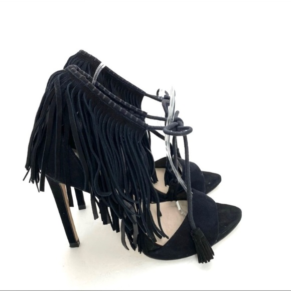 Zara Suede Ankle Fringe Lace tie High Heel Sandals in Black - Picture 6 of 9